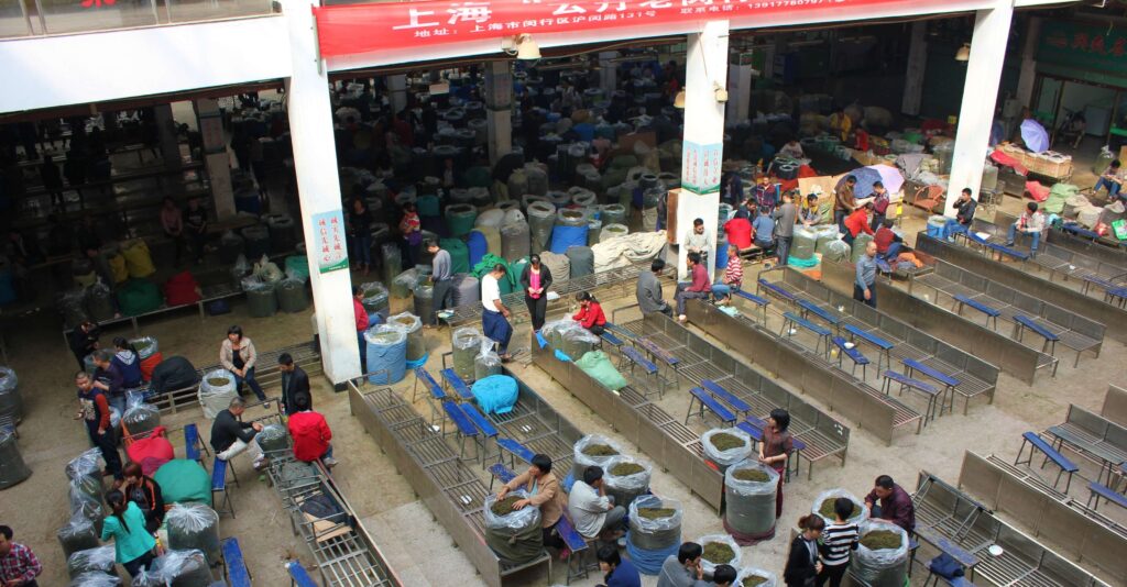 China Tea Capital tea market interior, top down shot of tea market