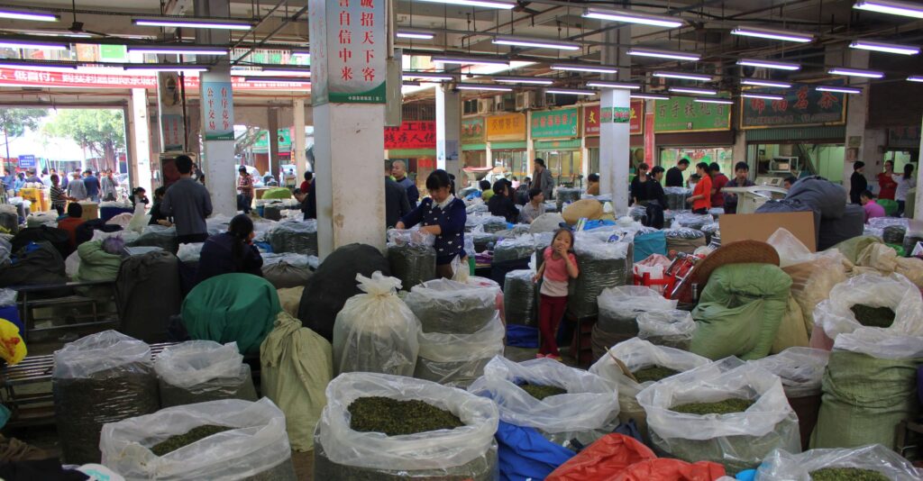 China Tea Capital tea market, lots of sacks of tea