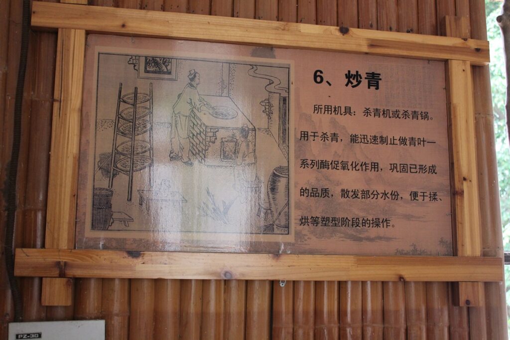 wooden sign with Chinese text describing tie guan yin tea production step 6