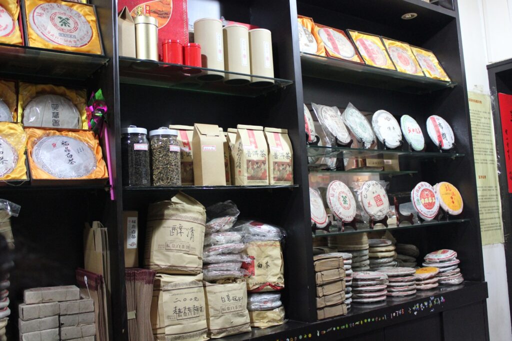 pu'er tea displayed on shelves