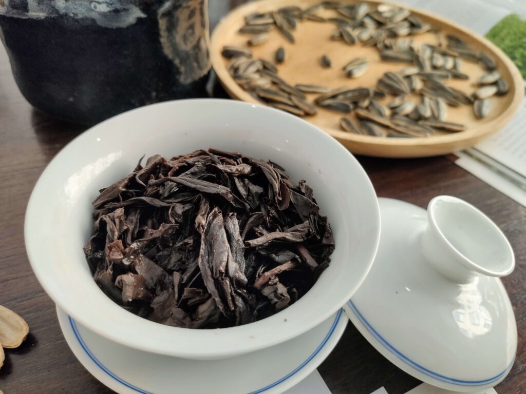 Aged Da Hong Pao Wet wet tea leaves in gaiwan