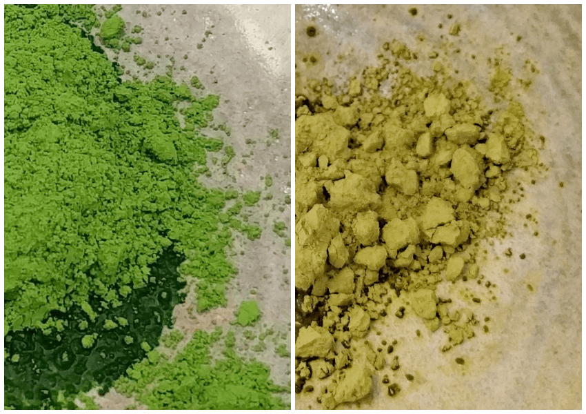 matcha_compare good and low quality_web 2 images of matcha powder, one good quality and one bad quality