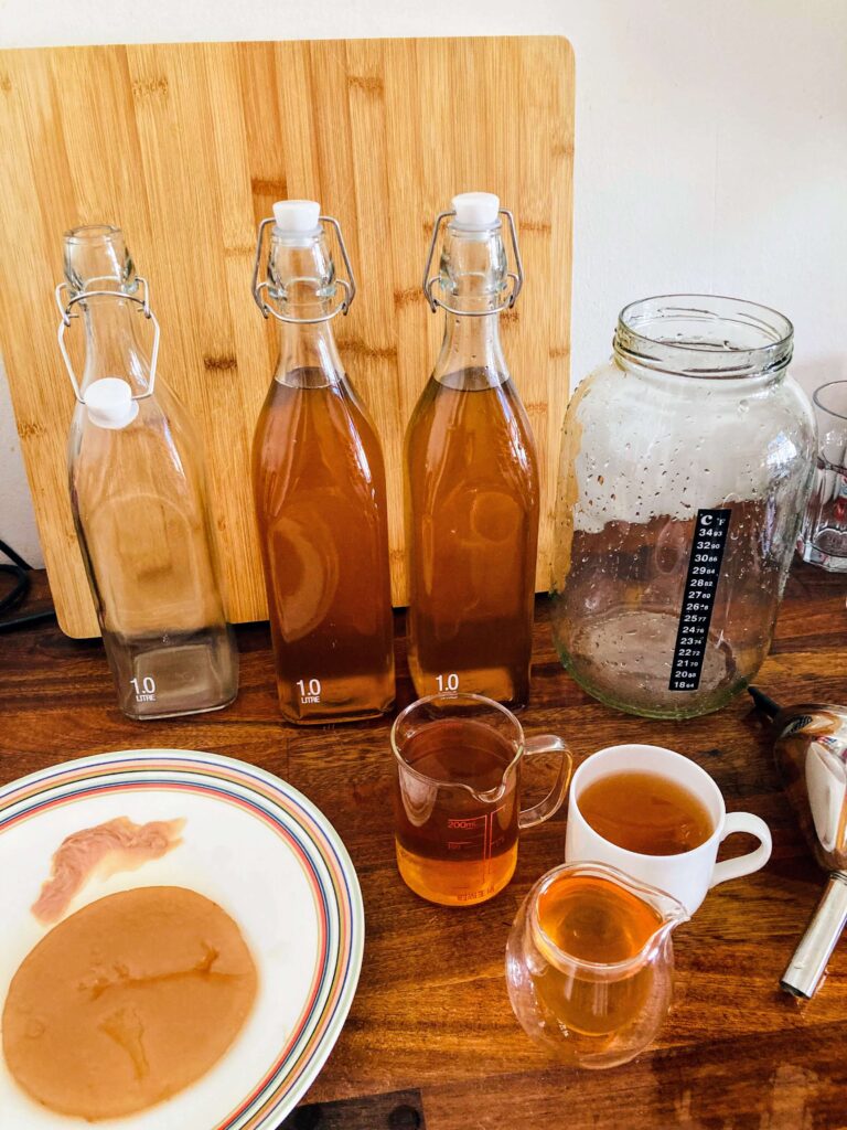 IMG_7515 making kombucha - 2 full bottles, scoby