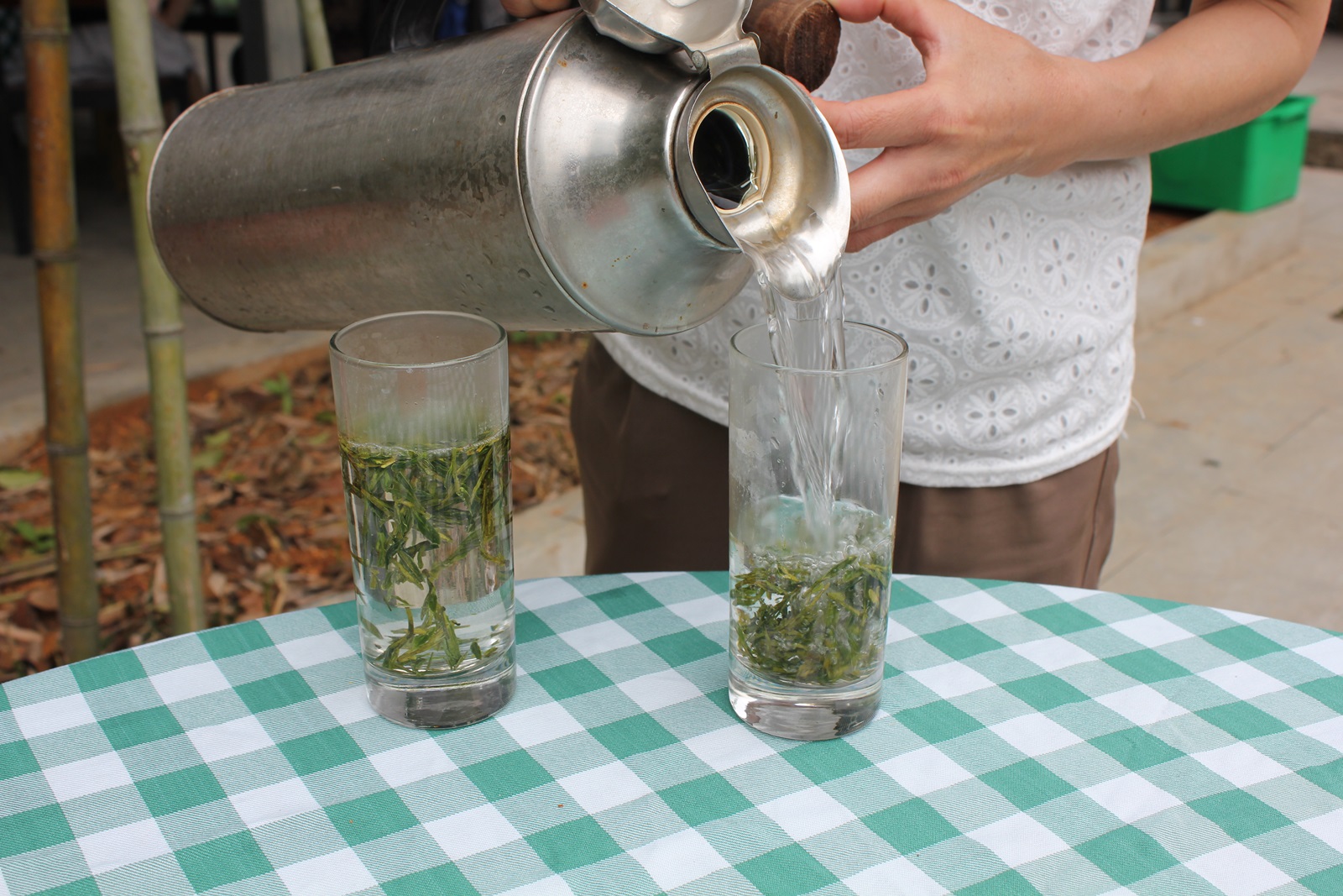 drinking Longjing tea by the National Tea Museum