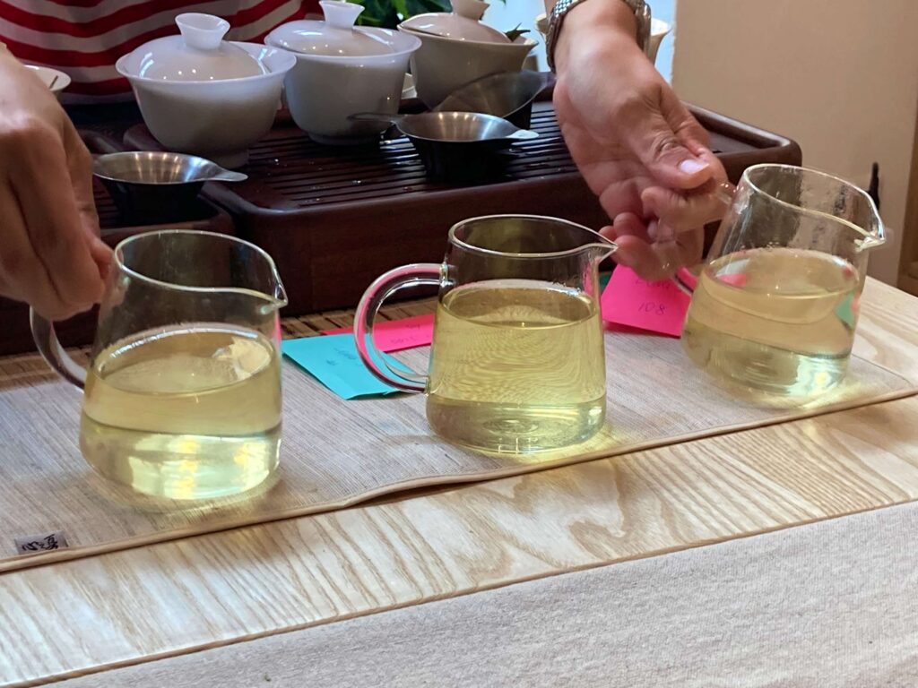 Three glass pitchers filled with light yellow Longjing tea are lined up on a wooden table. Two hands are seen holding the handles. Tea sets and colored cards are in the background, highlighting this iconic Chinese tea experience.